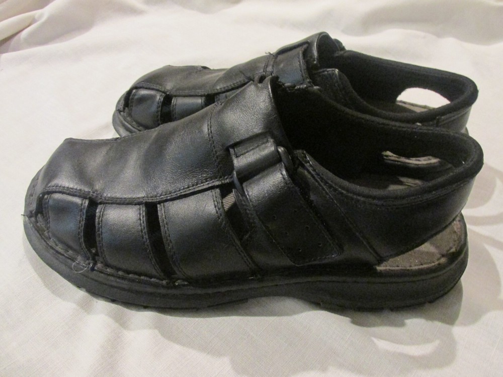 Men's Black Leather Fisherman Sandals Size 10.5 with Hook & Loop Strap
