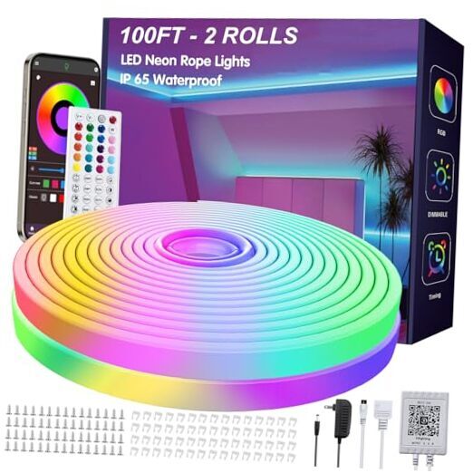 LED Neon Rope Lights with App and Remote Control, IP65 Waterproof Neon 100ft