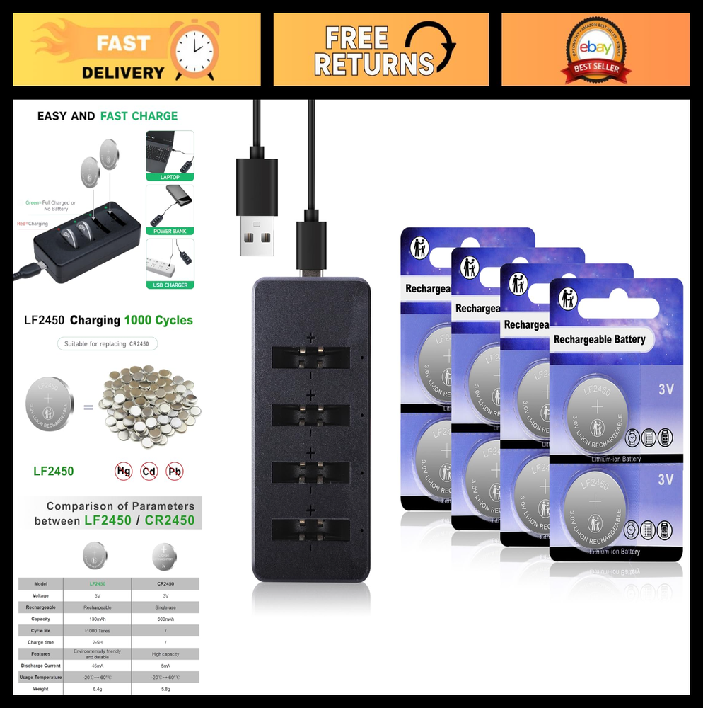 8 Pack CR2450 Lithium Coin Batteries with Charger - Rechargeable 3V Replacement