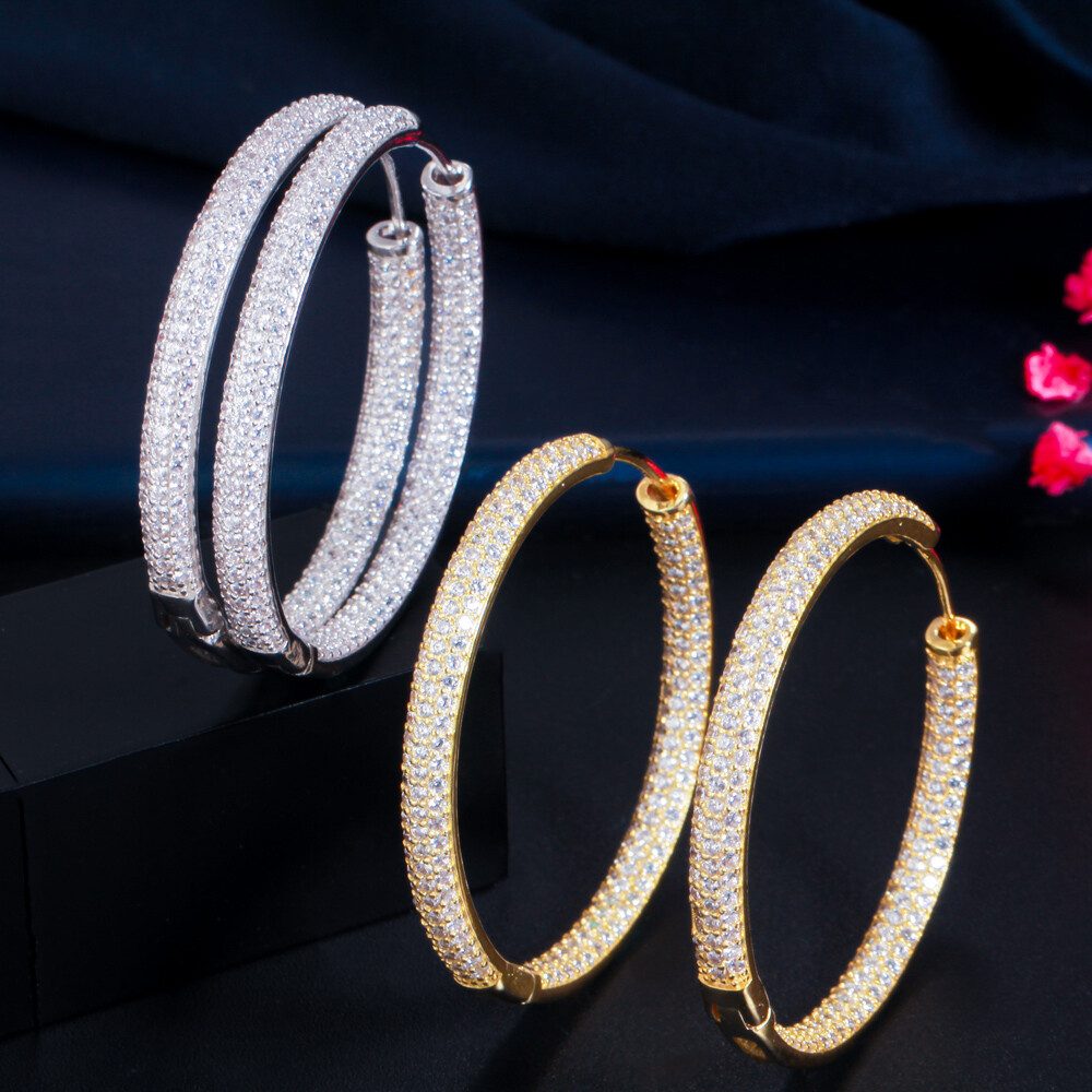 Shiny White Mirco Pave Zirconia Big Circle Hoop Earrings for Fiancee Engagement