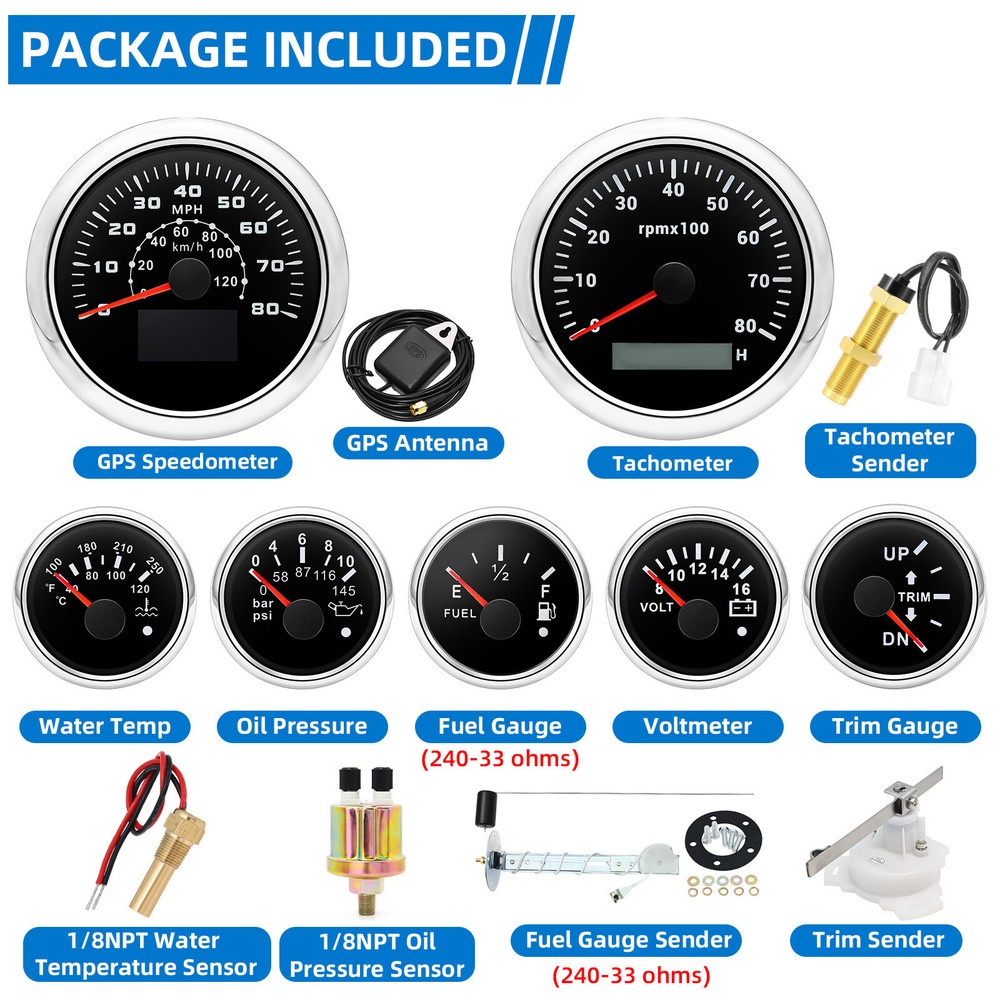 7 Gauge Set with Senders 85mm GPS Speedometer 80MPH/120km/h Tacho Fuel oil Water
