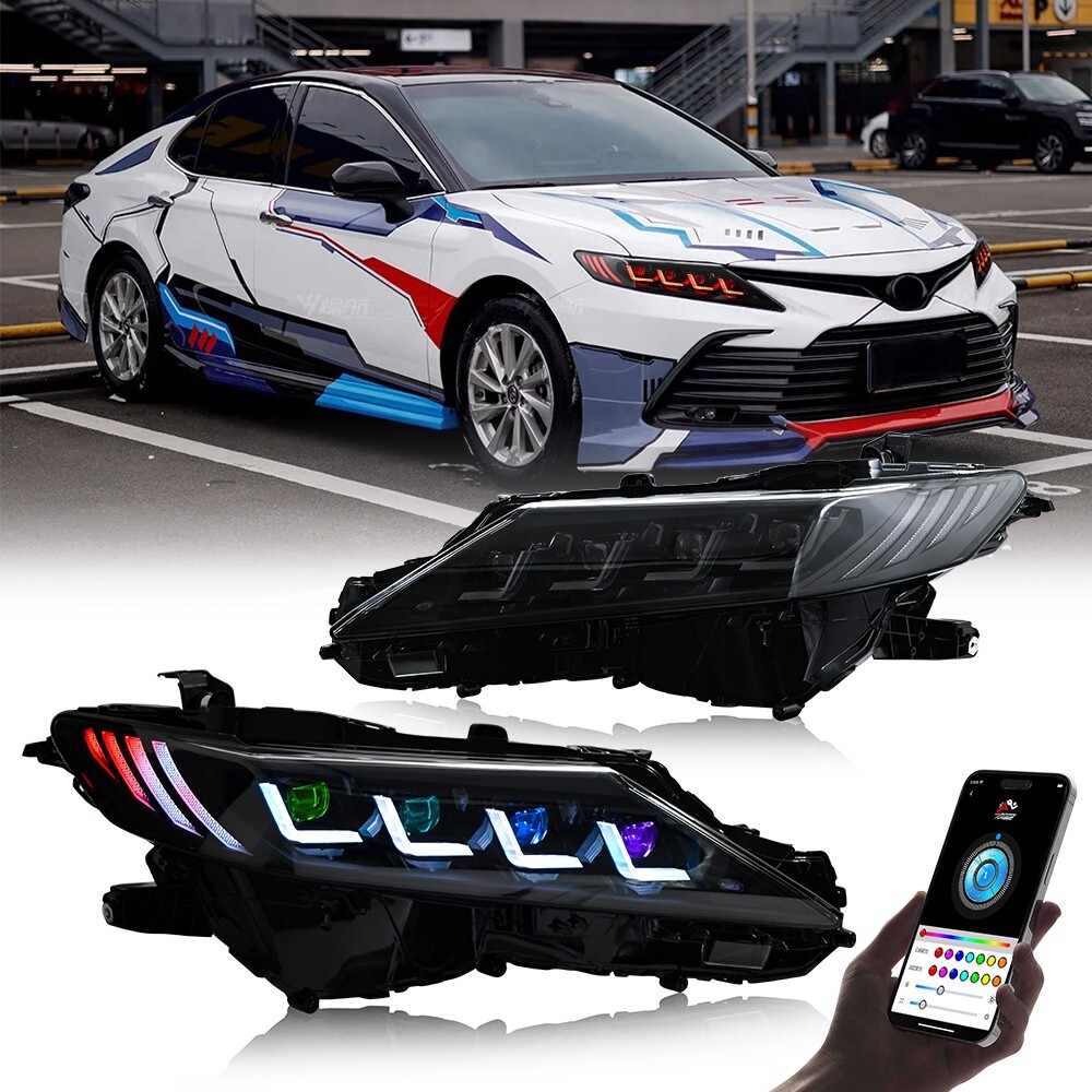 Pair LED Headlights RGB Color Head Lamps Assembly For Toyota Camry 2018-2024