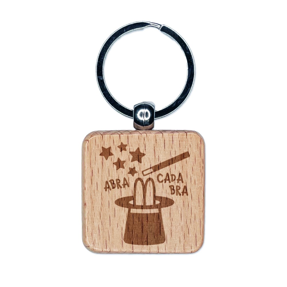 Magician Hat Magic Rabbit Engraved Wood Square Keychain Tag Charm