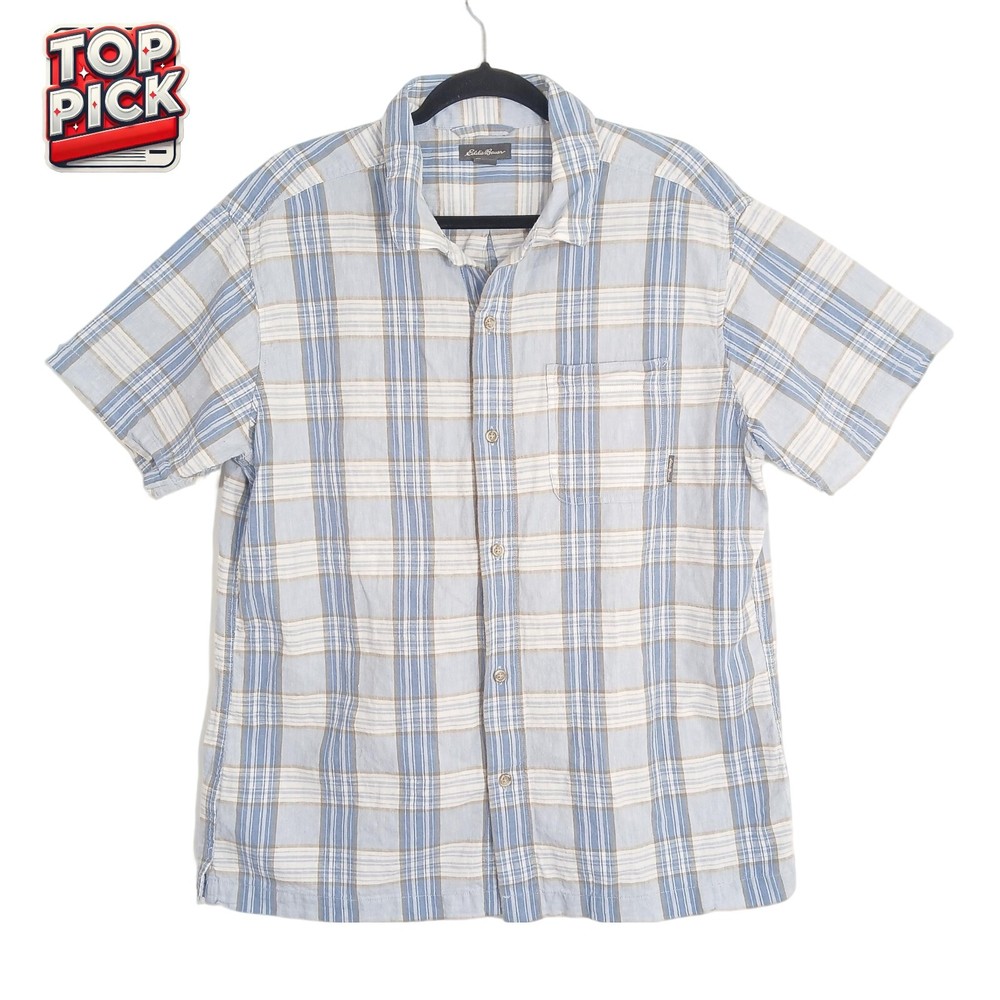 Eddie Bauer Men's Plaid Short Sleeve Button-Up Shirt L Blue Casual Outdoor Comfy