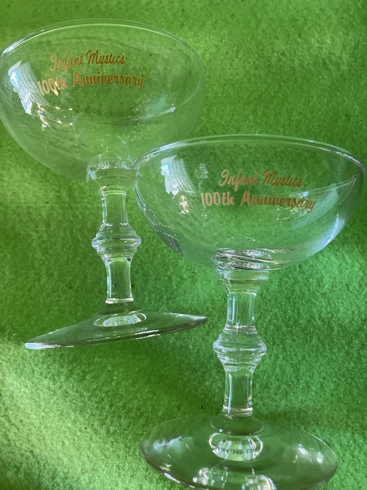 Mardi Gras Krewe Favor Infant Mystics 100th Ann. Pair Champagne Glass Mobile Al.