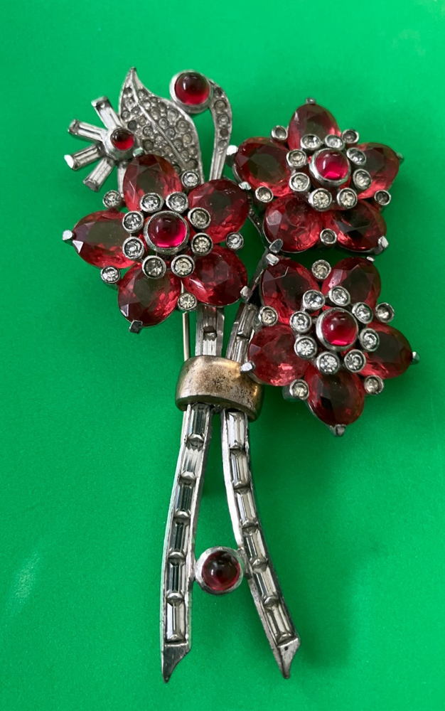 Pennino Red and Clear Rhinestone Crystal Large Floral Brooch