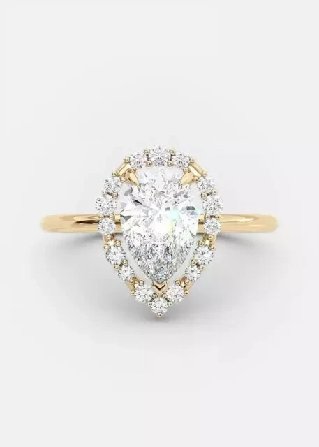 3Ct Pear Cut Simulated Diamond Halo Engagement Ring 14K Yellow Gold Plated