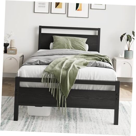 Bed Frame with Wood Headboard,Metal Single Platform Bed Frame Size Twin Black