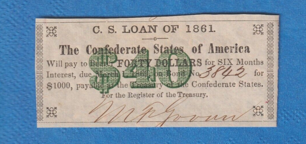 1861 Confederate $1000 Civil War Bond Hand-Signed Currency Rare Collectible  -image