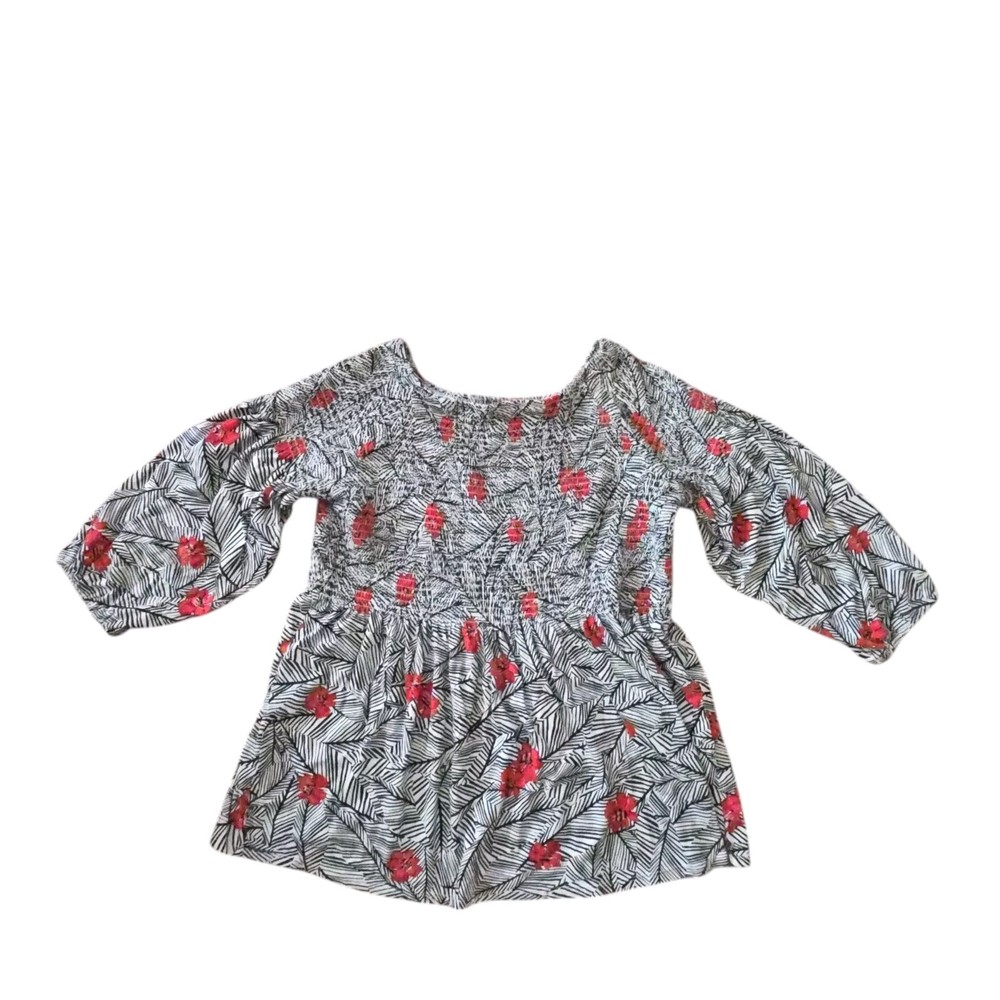 J Jill Top Womens L Floral Smocked Bell Sleeve Square Neck Modal Cotton Boho