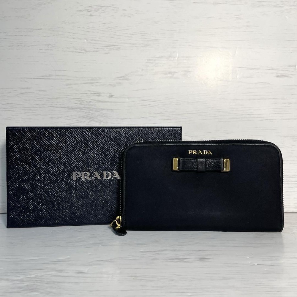 PRADA Black Nylon Long Wallet with Leather Ribbon and Gold Hardware
