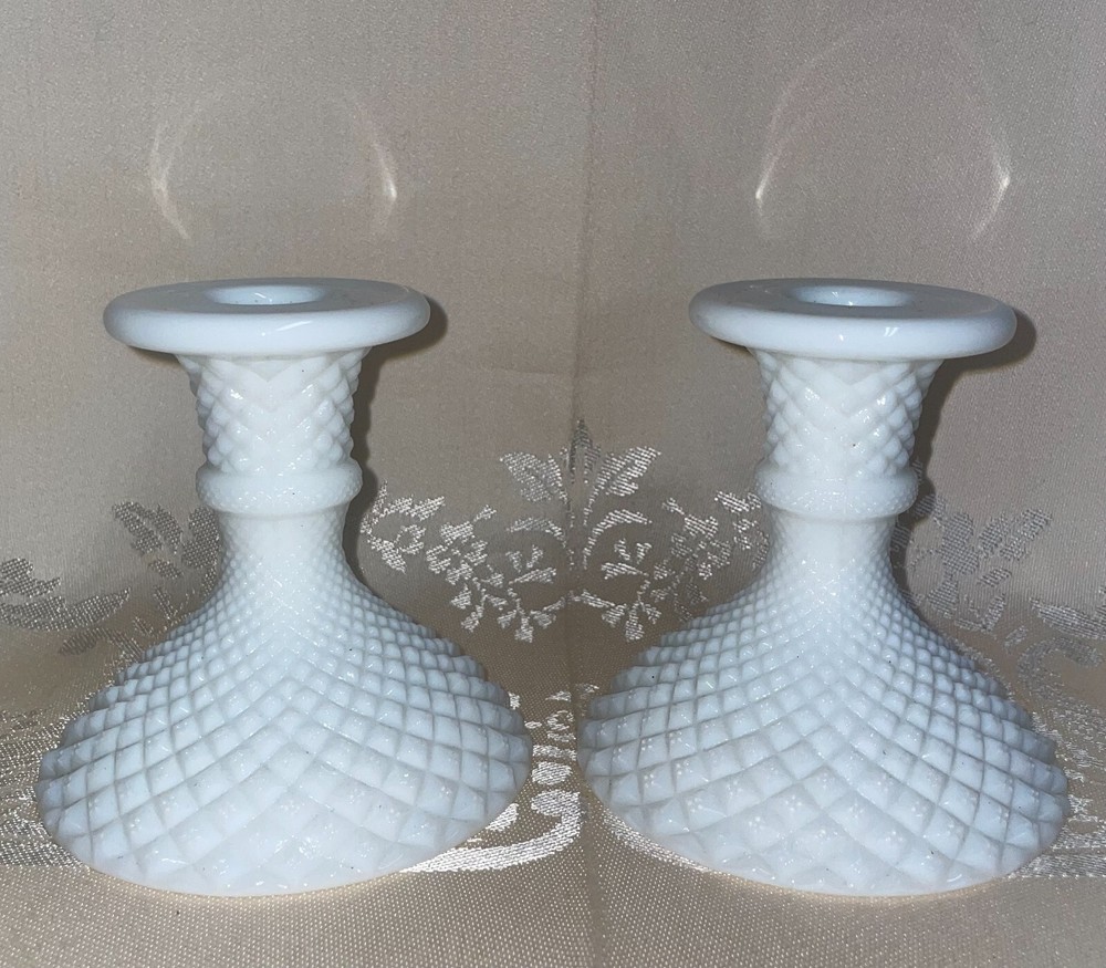 White Milk Glass Westmoreland Diamond Point Candlestick Holders - Pair