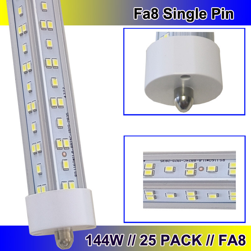 25-Pack T8 8FT LED Tube Lights, Single Pin FA8, 144W Shop Bulbs in 6500K Daylight