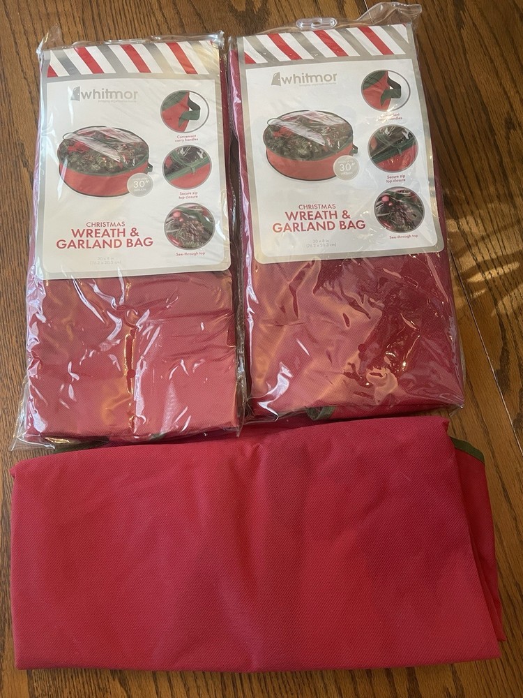 Whitmor Storage Bag Wreath And Garland 8” x 30” Red Clear Top Christmas NEW
