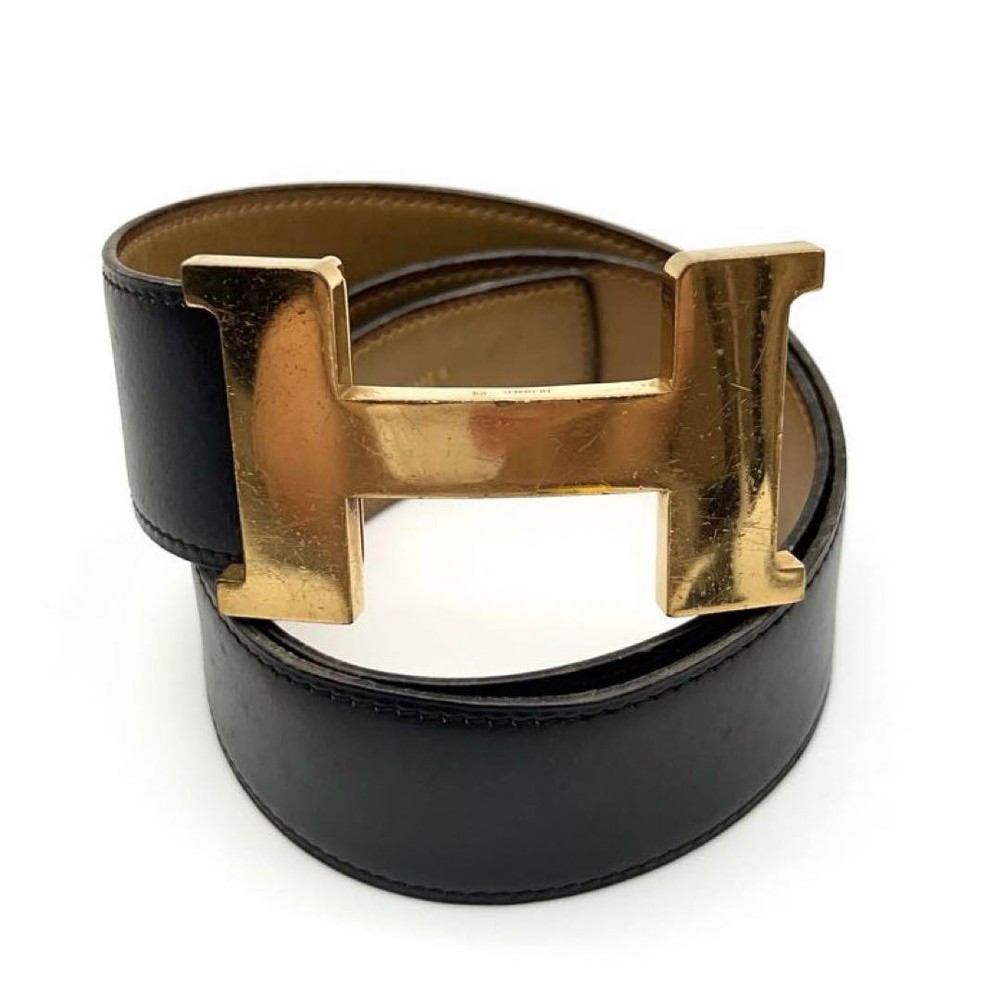 Hermes Constance H Gold Black Women Belt with ◯D Engraved Metal Fittings