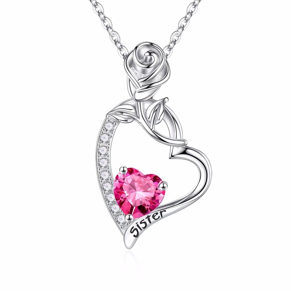 Sister Birthstone Necklace: Sterling Silver, Pink Sapphire, Heart Pendant, 18...