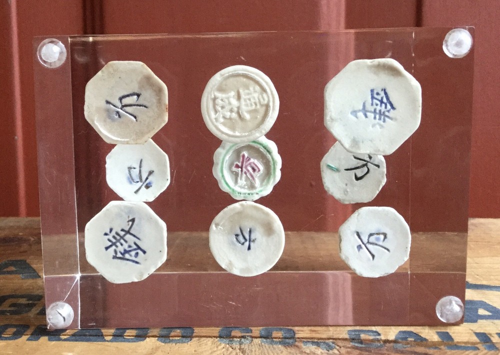 Vintage Ceramic Chinese GOOD LUCK Coin Perspex Paper Weight Chinese New Year-image