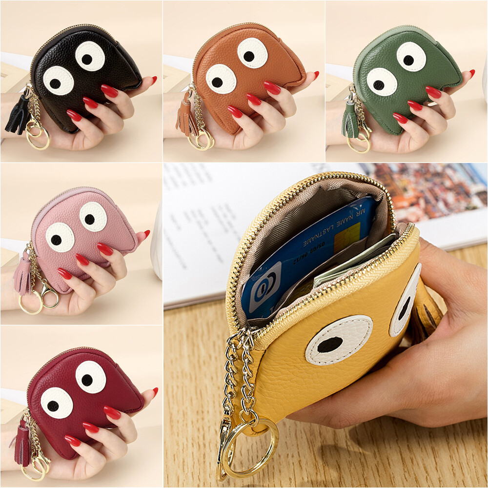 Genuine Leather Keyring Coin Pouch with Zip for Women ID Card Holder Wallet Gift  