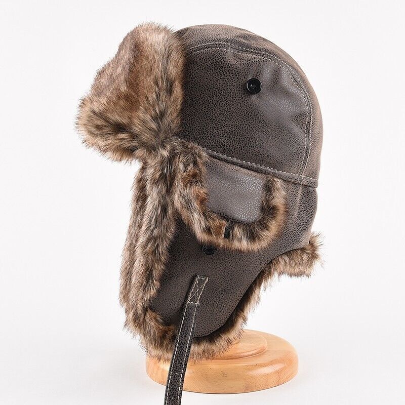 Men's Winter Raccoon Fur Leather Trapper Hat Russian Ushanka Earflap Aviator Cap