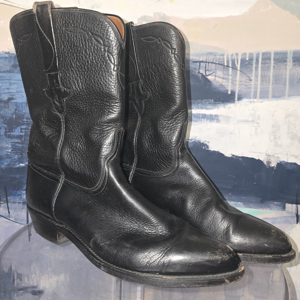Lucchese Mens Black Leather Ropers Size 9.5 Cowboy Boots