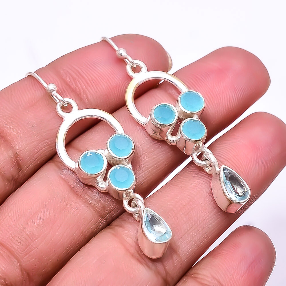 Chalcedony & Aquamarine Multi Collet 925 Sterling Silver Earring 1.95