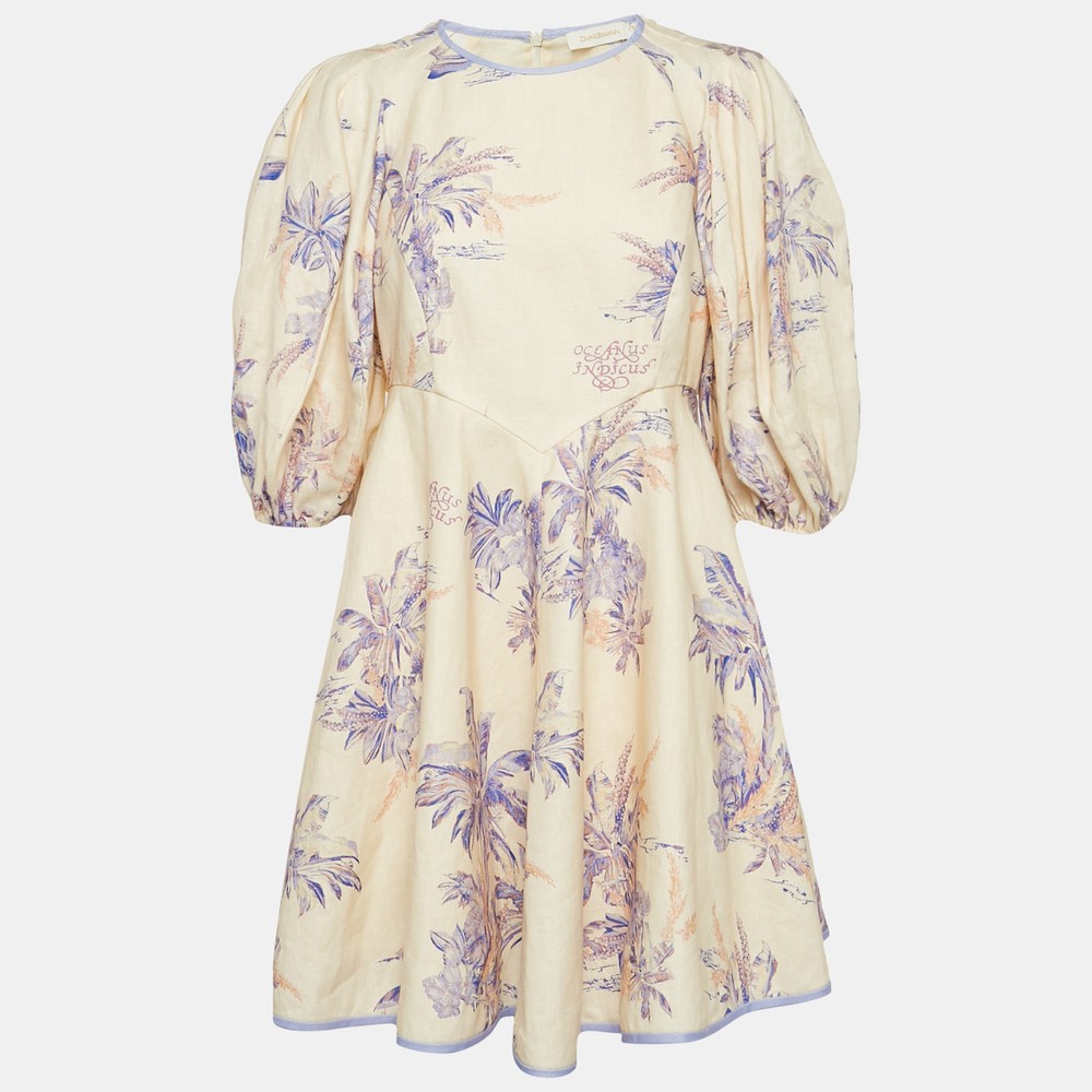 Zimmermann Cream Floral Print Linen Day Mini Dress L