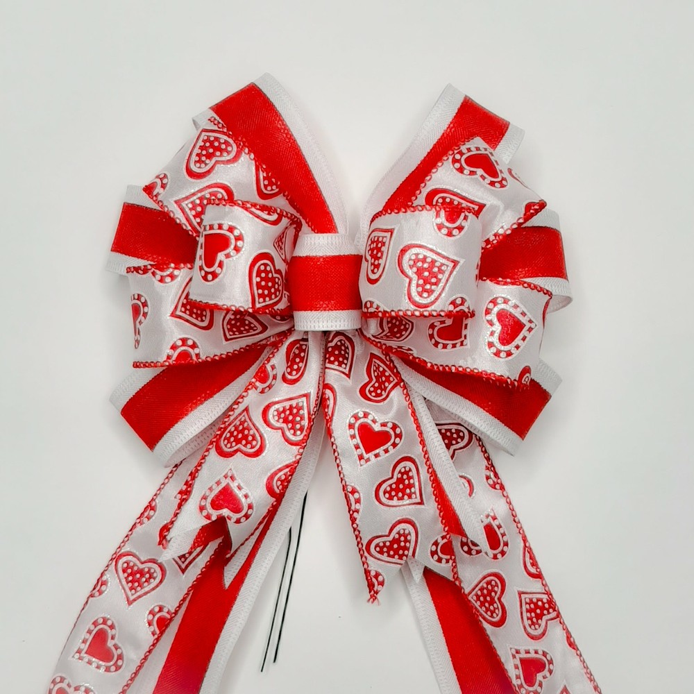 Valentine's Day Bow, Wreath Bow, Red with Heart Print