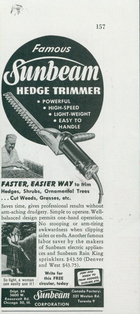 1951 Sunbeam Vintage Hedge Trimmer Ad Faster Easier Gardening SP16