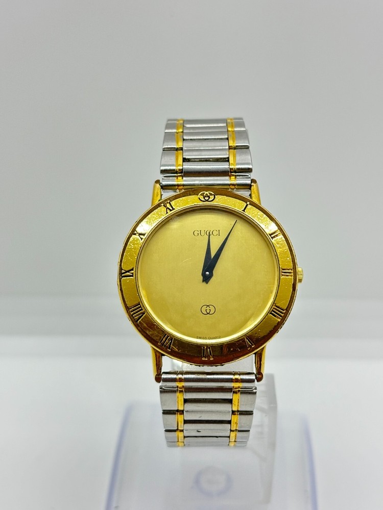 Vintage Gucci 3000M Gold Dial Silver Men's Watch Working