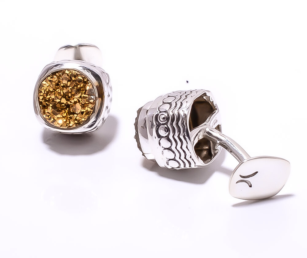 Titanium Golden Agate Drusy Sterling Silver Bali Cufflinks for Men CL22
