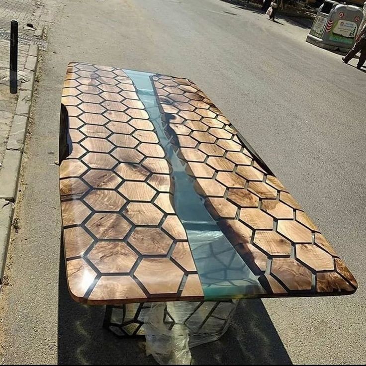 Geometric Honeycomb Wood & Clear Resin River Table Top - Modern Rectangle Dining
