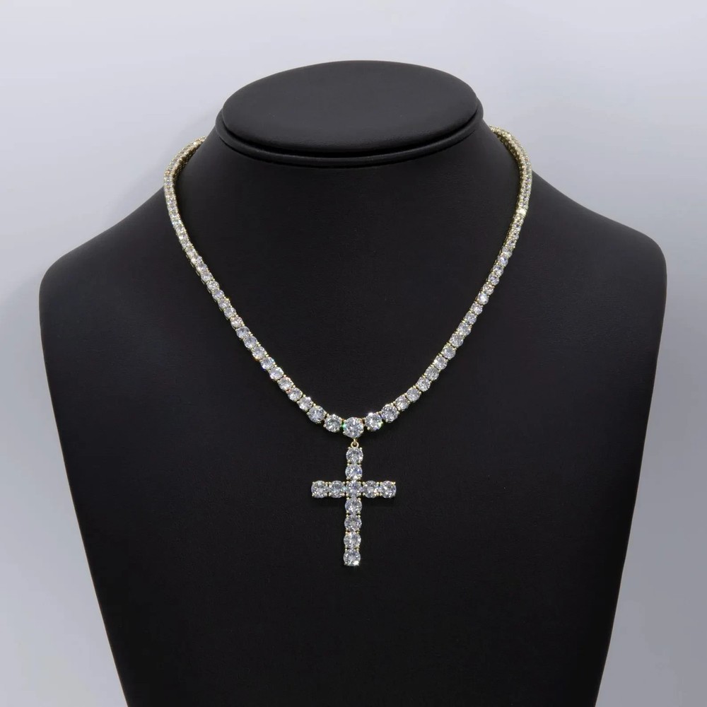 Mans's Iced Cross Pendant For Husband 14k Yellow Gold Lab Grown Diamond Necklace