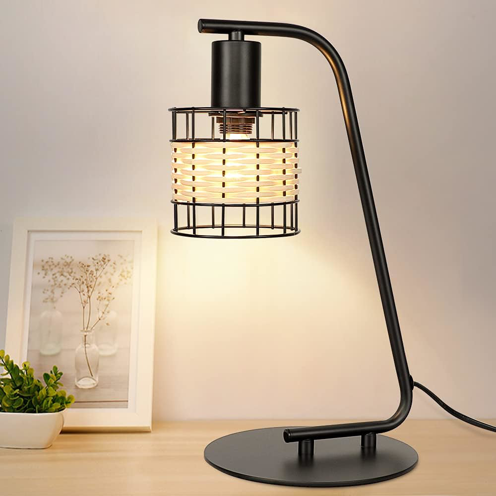 Depuley Industrial Black Table Lamp, Modern Nightstand Lamp with Rattan Shade,