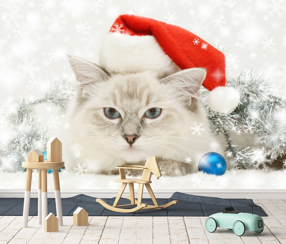 3D Christmas Cat Wallpaper Murals Removable Self-Adhesive ZHUA1073