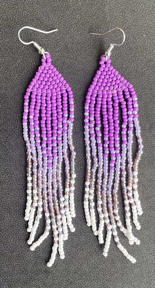 Boho Native Purple White Seed Bead Fringe Tassel Long Earrings