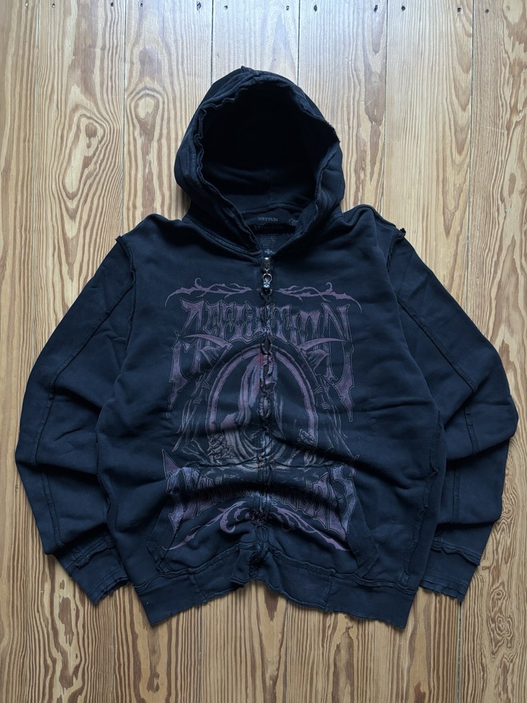 Affliction Zip Hoodie Vintage Y2K Size M Black Distressed Grunge Sweatshirt Rare