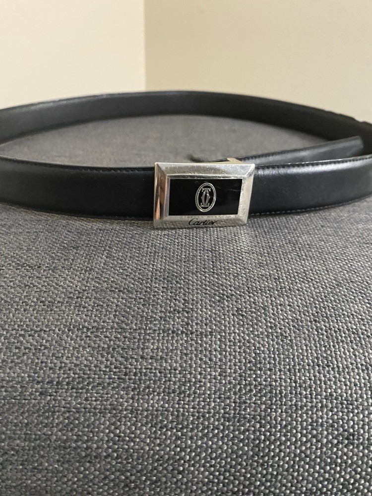 Men’s Leather Black  Skinny Cartier Belt Silver Buckle Used