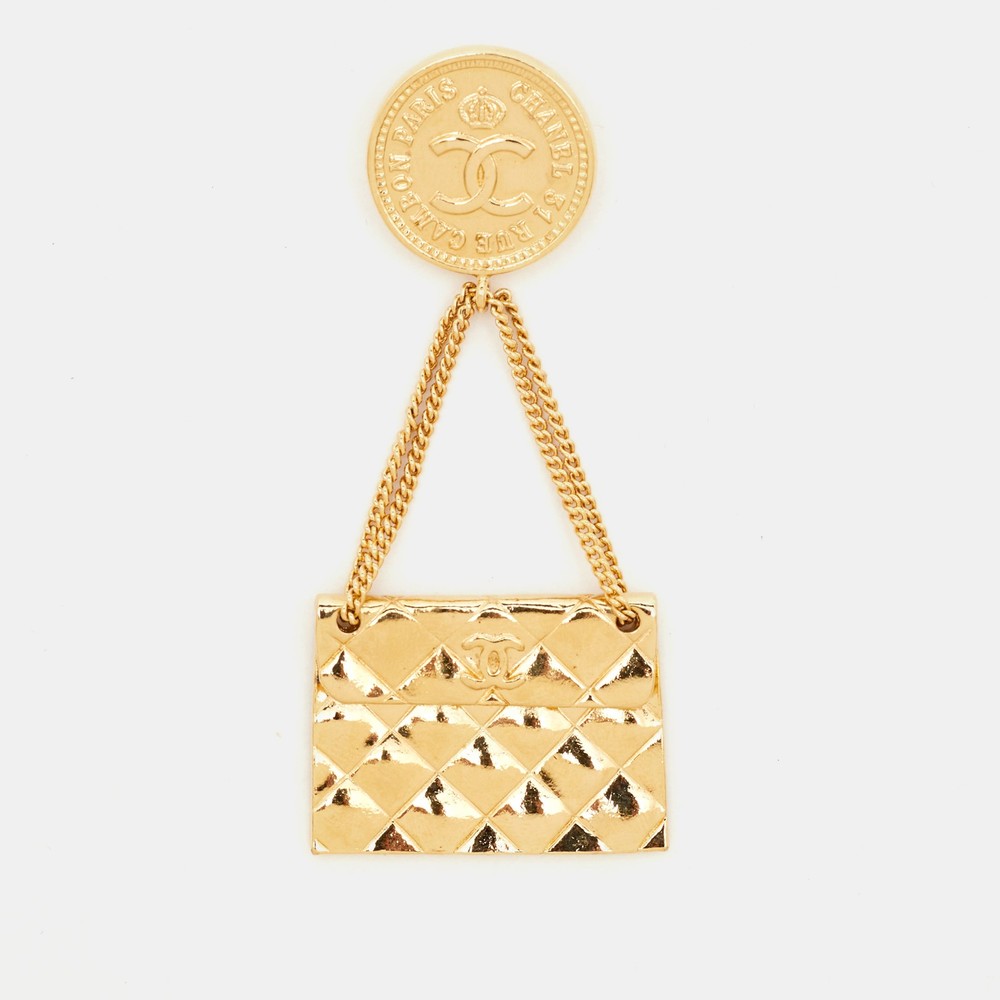 Chanel Gold Tone Hanging Flap Bag Motif Pin Brooch