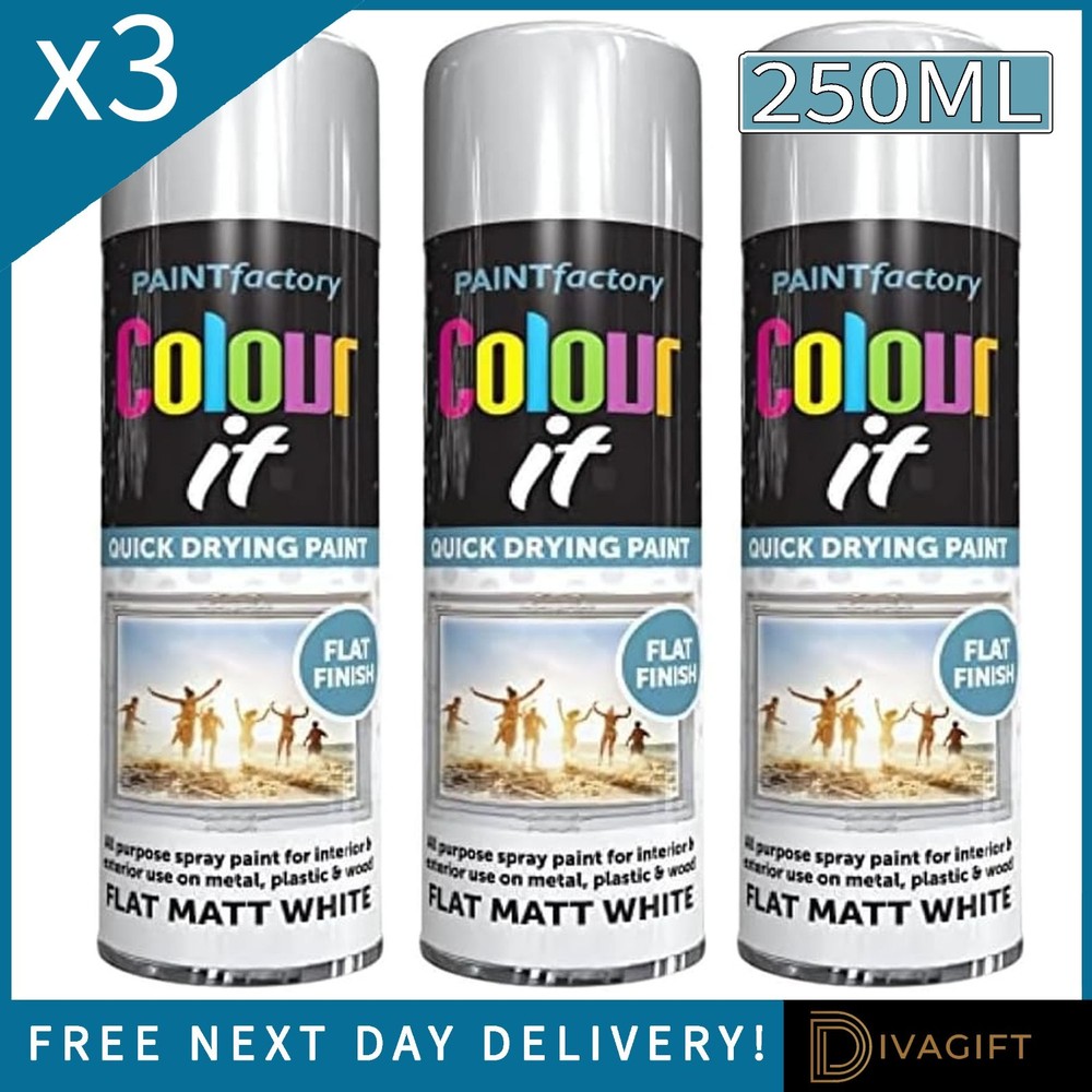 3 x FLAT MATT WHITE SPRAY PAINT 250ML MULTI PURPOSE COLOUR IT FOR METAL PLASTIC