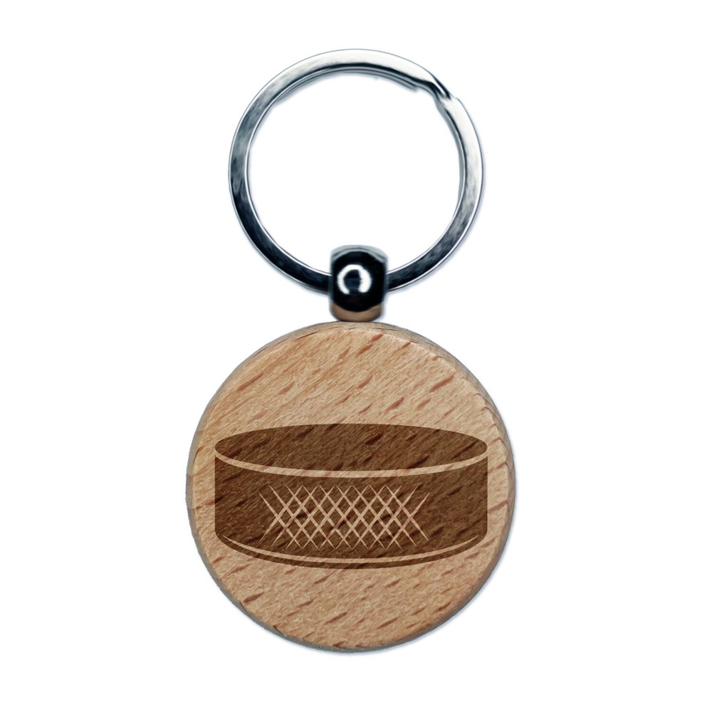 Detailed Ice Hockey Puck Sport Engraved Wood Round Keychain Tag Charm