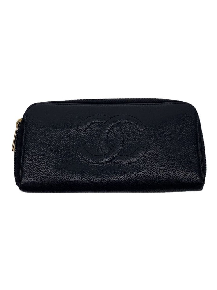 CHANEL Coco Mark Caviar Leather CC Black Zip Long Wallet Pre-Loved