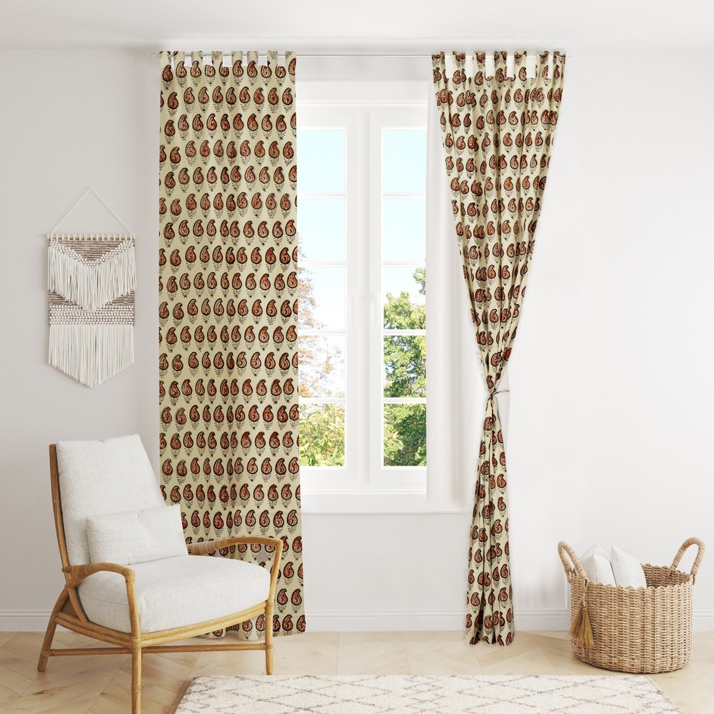 Bohemian Indian Floral Block Print Cotton Window Curtains (Set of 2)