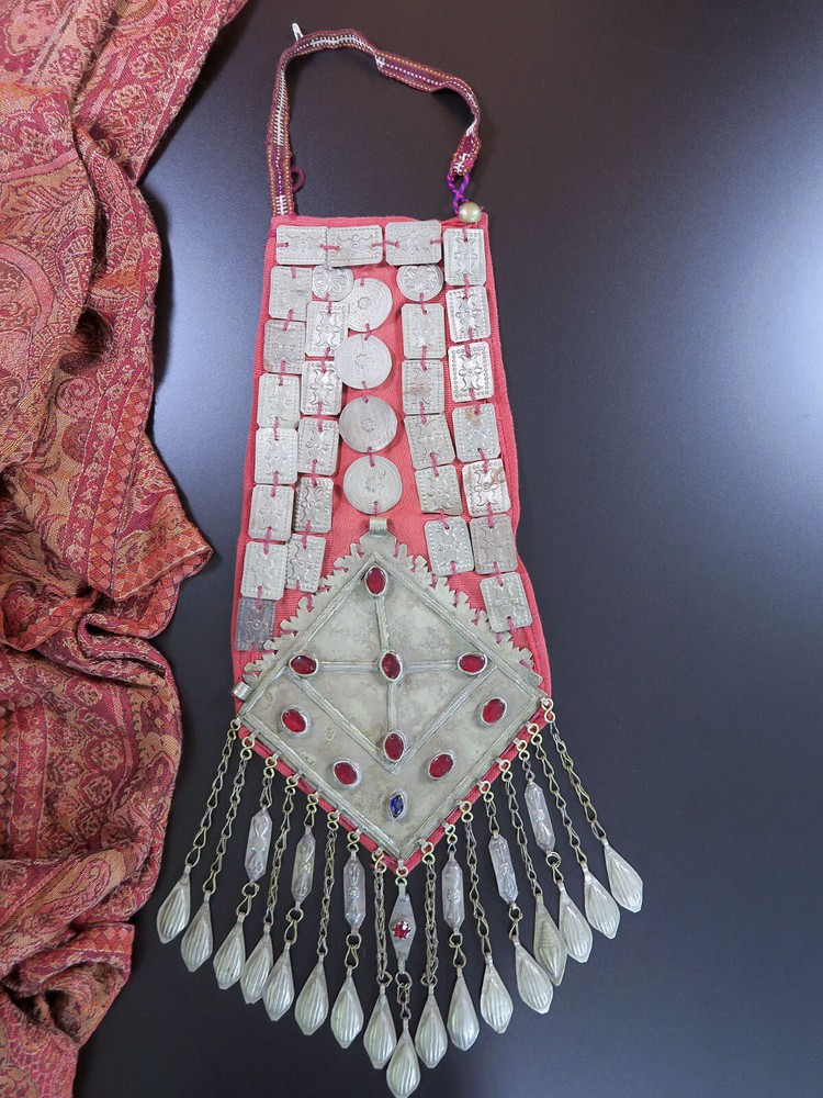 Handmade Ersari Turkmen Panel-Necklace with Large Vintage Gonjik Pendant #4784