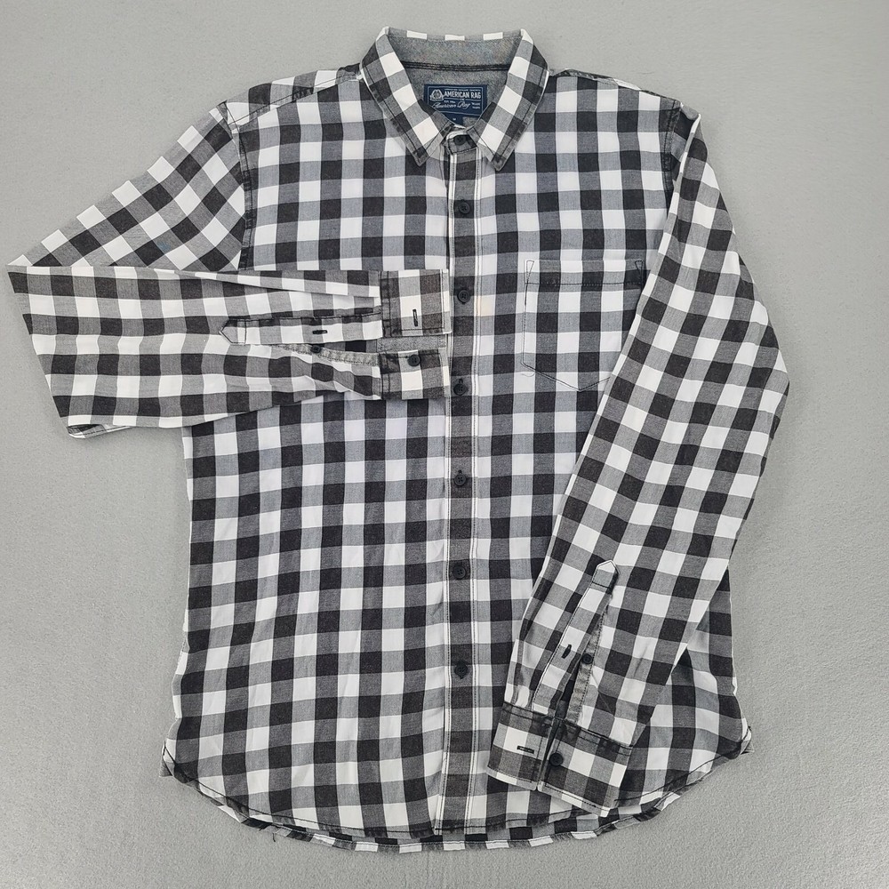 American Rag Button Up Shirt M Mens Regular Long Sleeve Black White Big Plaid