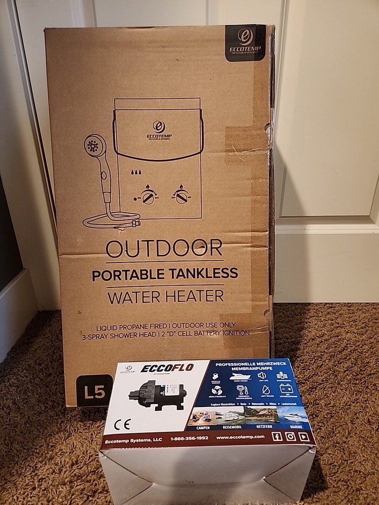 Eccotemp L5 Portable Tankless Hot Water Heater And Water Pump Lot New In Boxes
