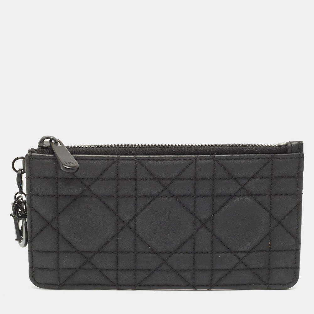Dior Black Ultra Matte Cannage Leather Lady Dior Zip Card Case  