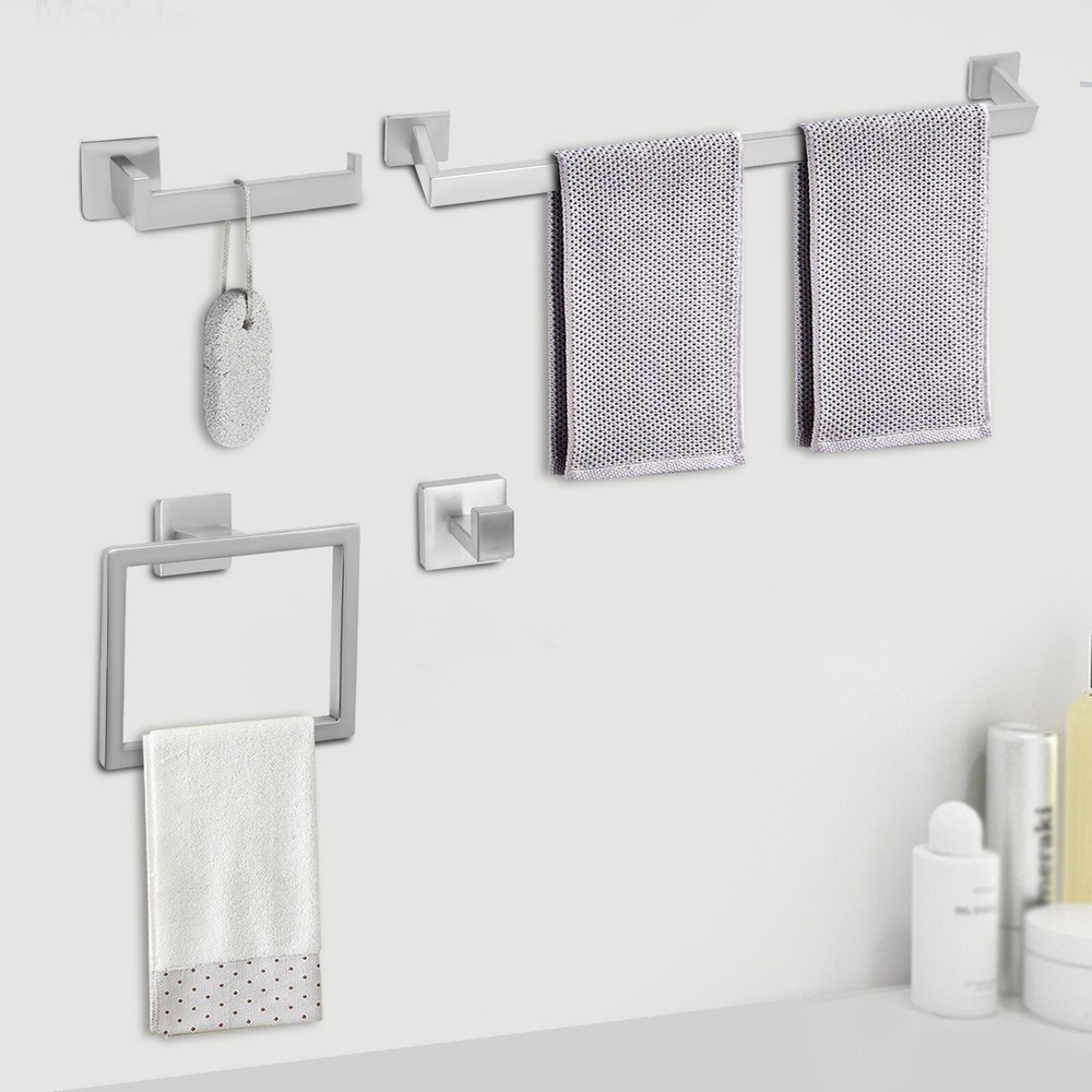 4-Piece Bathroom Hardware Set Wall Mounted Brushed Towel Bar Toilet Paper Holder
