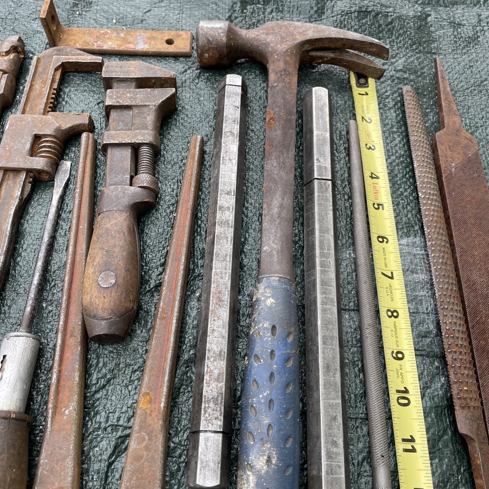 Vintage 15-Piece 1900s Antique Tool Set - Wrenches, Nipper, Hammer, Rasps, Files, Screwdriver