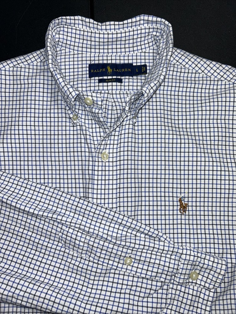 Polo Ralph Lauren LS Slim Fit Button Shirt Mens L Blue Gingham Plaid Flesh Pony