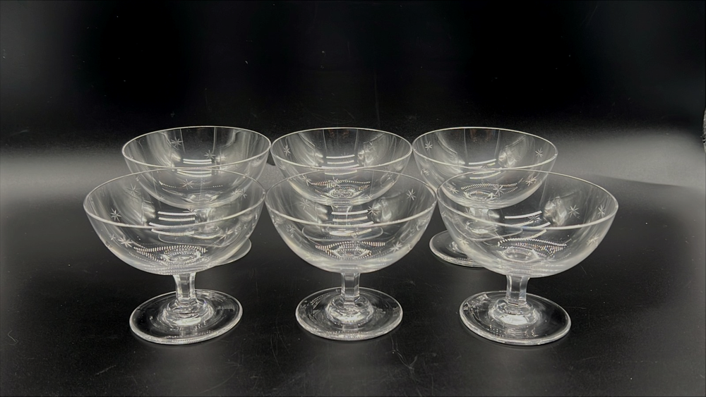 Set of 6 Vintage Etched Champagne Coupe Glasses Starburst Cocktail Dessert Cups